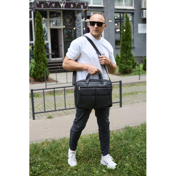 Сумка чоловіча офісна через плече 39х29х10, практичний шкіряний портфель для бізнесу, сумочка для навання, чорний