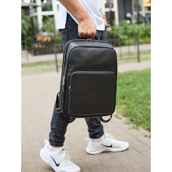 Класичний чоловічий рюкзак зі шкіри 42х30х16, практичний аксесуар для ноутбука та документів, чорний