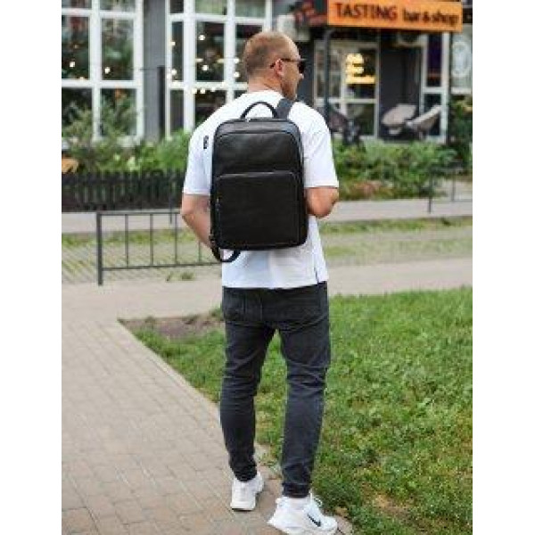 Класичний чоловічий рюкзак зі шкіри 42х30х16, практичний аксесуар для ноутбука та документів, чорний