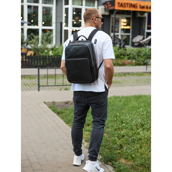 Класичний чоловічий рюкзак зі шкіри 42х30х16, практичний аксесуар для ноутбука та документів, чорний