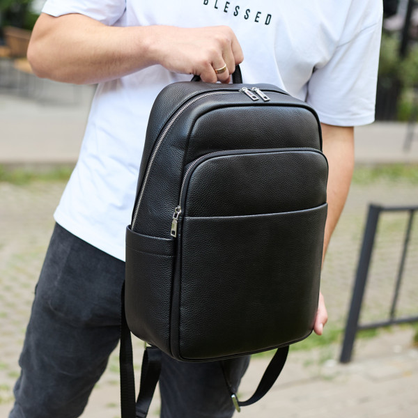 Універсальний чоловічий рюкзак із шкіри 41х31х16, зручний наплічник для ноутбука та документів, чорний