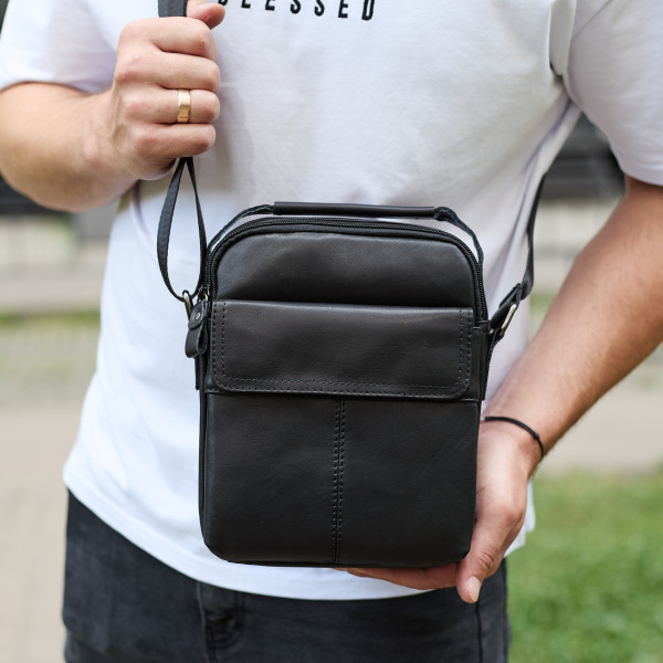 Чоловіча шкіряна сумка, барсетка з натуральної шкіри 23х18х8, сумочка для чоловіків, чорна