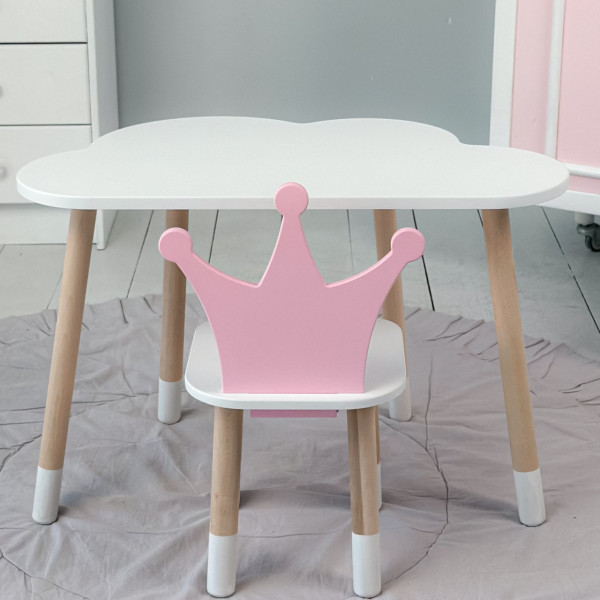 Стіл біле хмаринка 46х70х40 і стільчик корона рожевий 26.5х26х25, стіл та стілець в дитячу