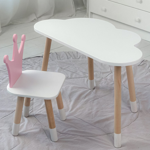 Стіл біле хмаринка 46х70х40 і стільчик корона рожевий 26.5х26х25, стіл та стілець в дитячу