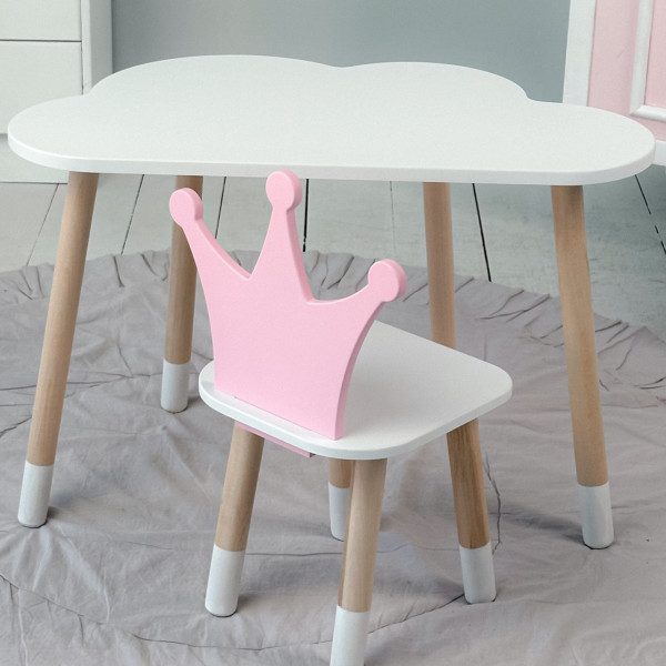 Стіл біле хмаринка 46х70х40 і стільчик корона рожевий 26.5х26х25, стіл та стілець в дитячу