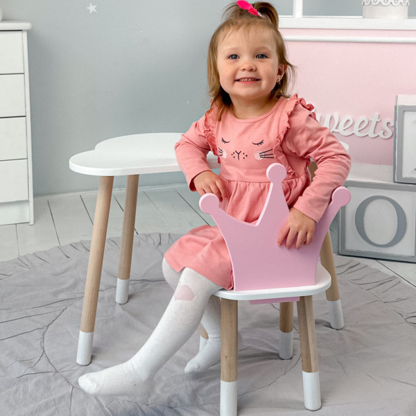 Стіл біле хмаринка 46х70х40 і стільчик корона рожевий 26.5х26х25, стіл та стілець в дитячу