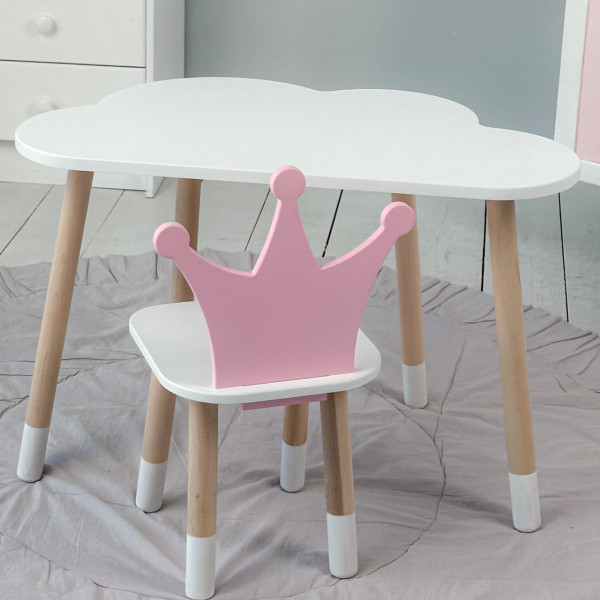 Стіл біле хмаринка 46х70х40 і стільчик корона рожевий 26.5х26х25, стіл та стілець в дитячу