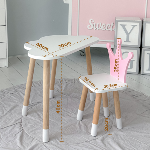 Стіл біле хмаринка 46х70х40 і стільчик корона рожевий 26.5х26х25, стіл та стілець в дитячу