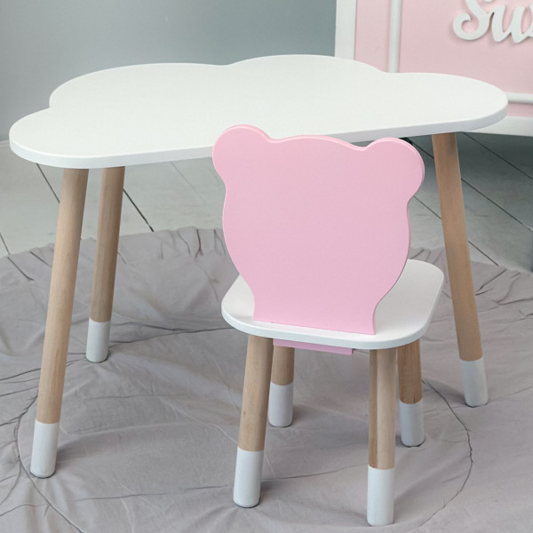 Дитячи набір столик та стільчик, стіл хмаринка білий 46х70х40 і стільчик ведмедик рожевий 26.5х26х25,
