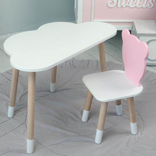 Дитячи набір столик та стільчик, стіл хмаринка білий 46х70х40 і стільчик ведмедик рожевий 26.5х26х25,