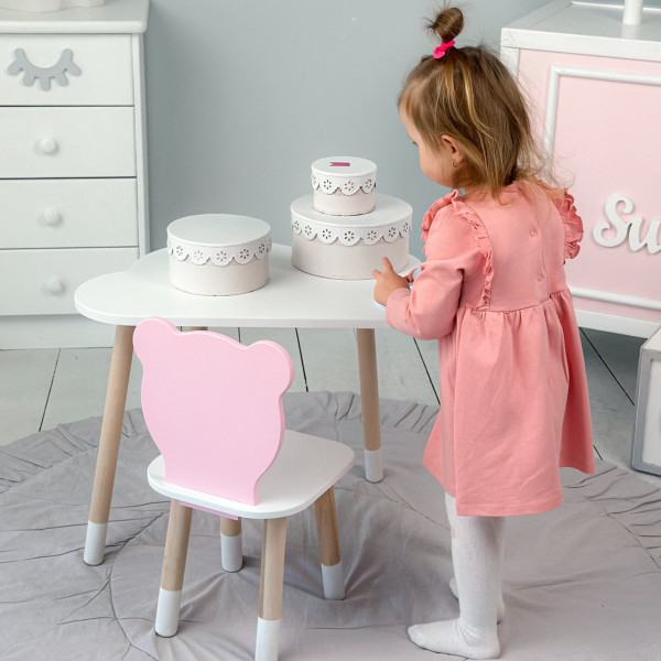 Дитячи набір столик та стільчик, стіл хмаринка білий 46х70х40 і стільчик ведмедик рожевий 26.5х26х25,