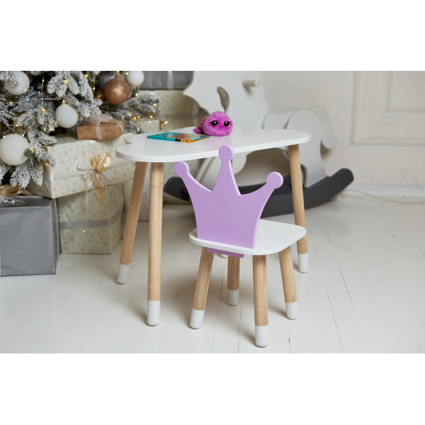 Білий столик хмарка 46х70х40 та стільчик корона фіолетовий 26.5х26х25, набір меблів для дитини стіл та стілець
