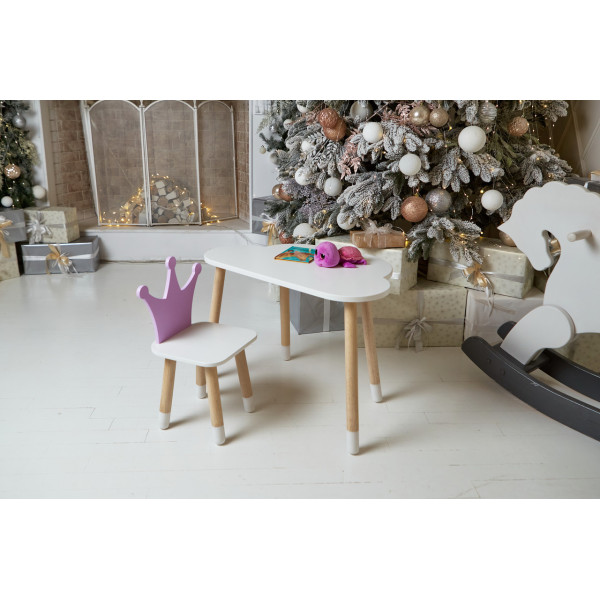 Білий столик хмарка 46х70х40 та стільчик корона фіолетовий 26.5х26х25, набір меблів для дитини стіл та стілець