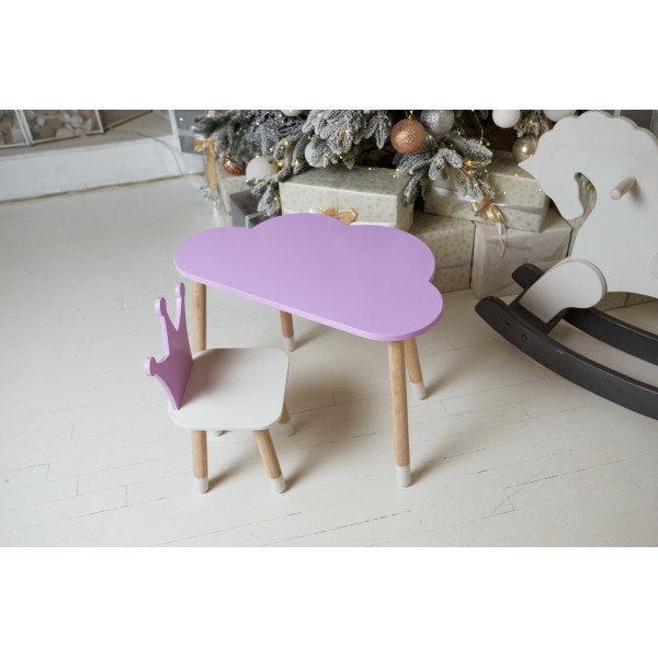 Стіл хмарка 46х70х40 та стільчик коронка 26.5х26х25, дитячий столик та стілець для малювання/занять, фіолетовий з білим