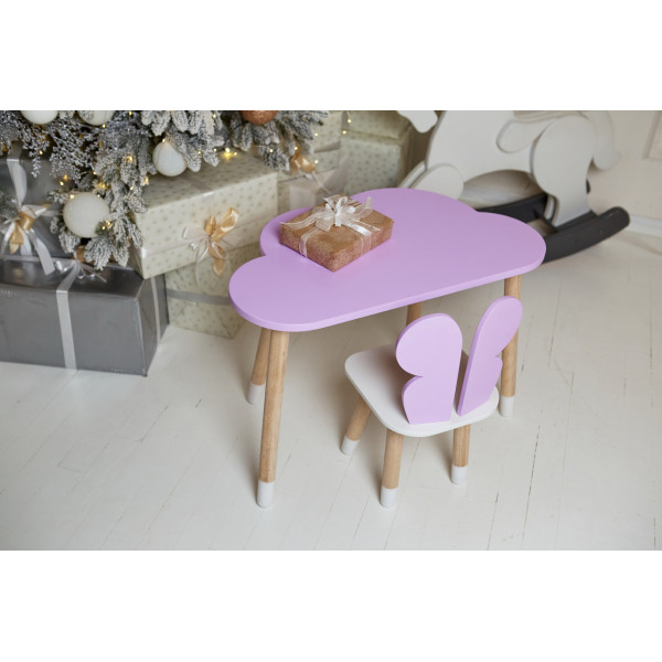 Стіл хмарка 46х70х40 та стільчик метелик 26.5х26х25, дитячий столик та стілець для малювання/занять, фіолетовий з білим