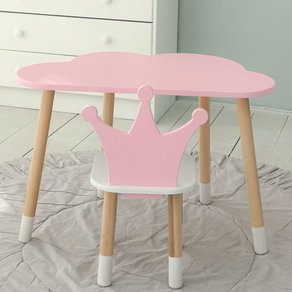Стіл хмаринка 46х70х40 та стільчик коронка 26.5х26х25, дитячий столик та стілець для ігор/занять, рожевий з білим