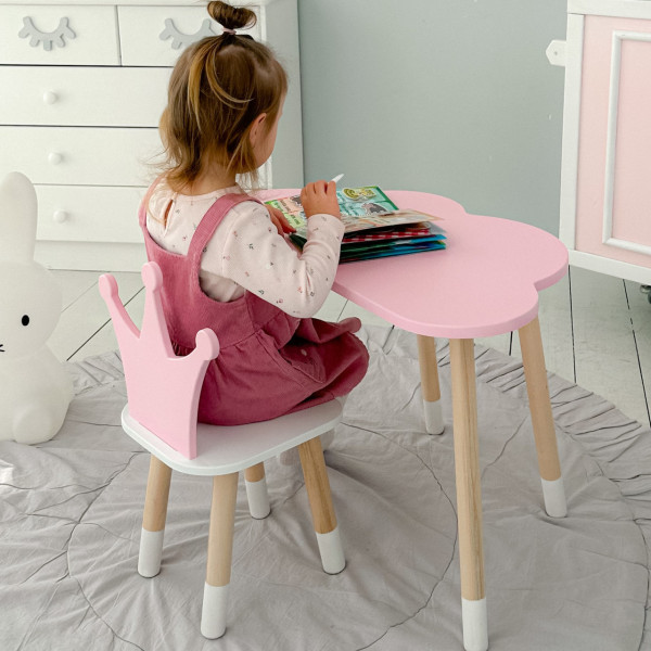 Стіл хмаринка 46х70х40 та стільчик коронка 26.5х26х25, дитячий столик та стілець для ігор/занять, рожевий з білим