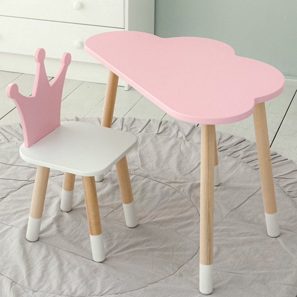Стіл хмаринка 46х70х40 та стільчик коронка 26.5х26х25, дитячий столик та стілець для ігор/занять, рожевий з білим