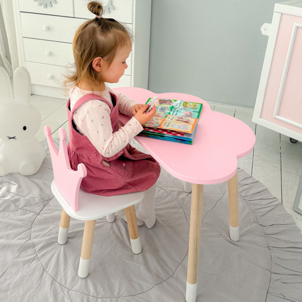 Стіл хмаринка 46х70х40 та стільчик коронка 26.5х26х25, дитячий столик та стілець для ігор/занять, рожевий з білим