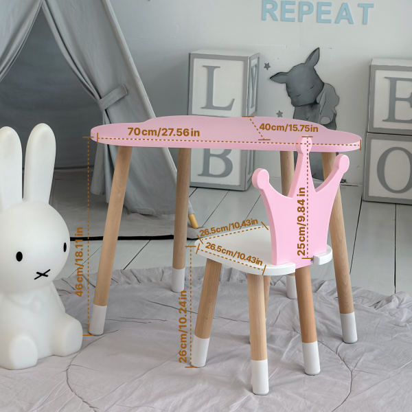 Стіл хмаринка 46х70х40 та стільчик коронка 26.5х26х25, дитячий столик та стілець для ігор/занять, рожевий з білим