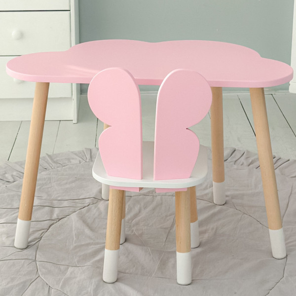 Стіл хмаринка 46х70х40 та стільчик метелик 26.5х26х25, дитячий столик та стілець для малювання/занять, рожевий з білим