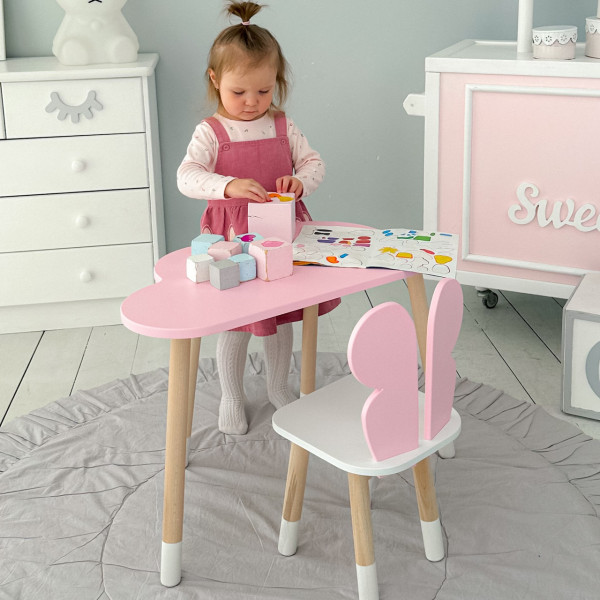 Стіл хмаринка 46х70х40 та стільчик метелик 26.5х26х25, дитячий столик та стілець для малювання/занять, рожевий з білим