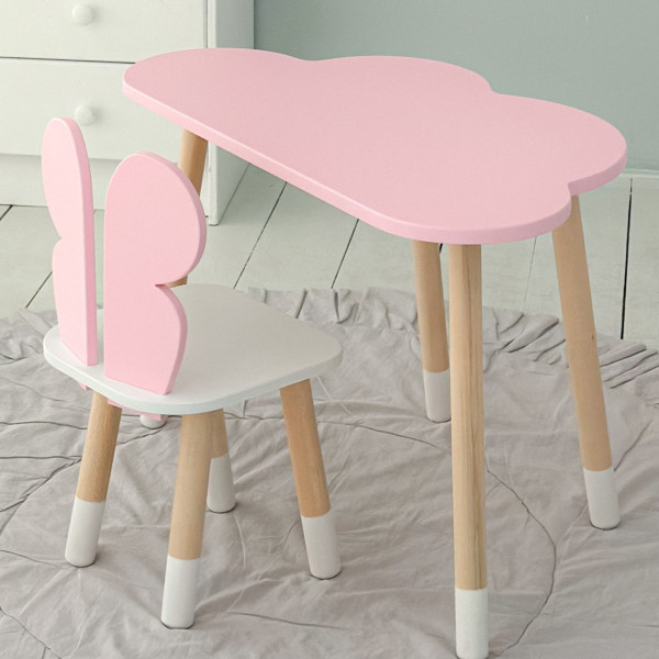 Стіл хмаринка 46х70х40 та стільчик метелик 26.5х26х25, дитячий столик та стілець для малювання/занять, рожевий з білим
