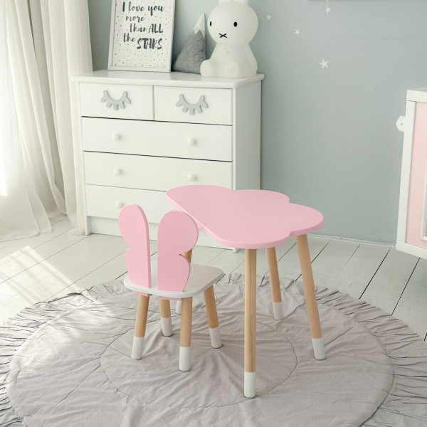 Стіл хмаринка 46х70х40 та стільчик метелик 26.5х26х25, дитячий столик та стілець для малювання/занять, рожевий з білим