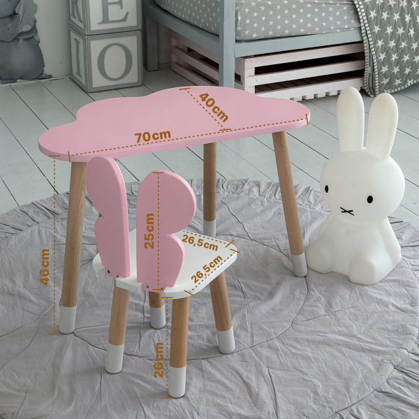 Стіл хмаринка 46х70х40 та стільчик метелик 26.5х26х25, дитячий столик та стілець для малювання/занять, рожевий з білим