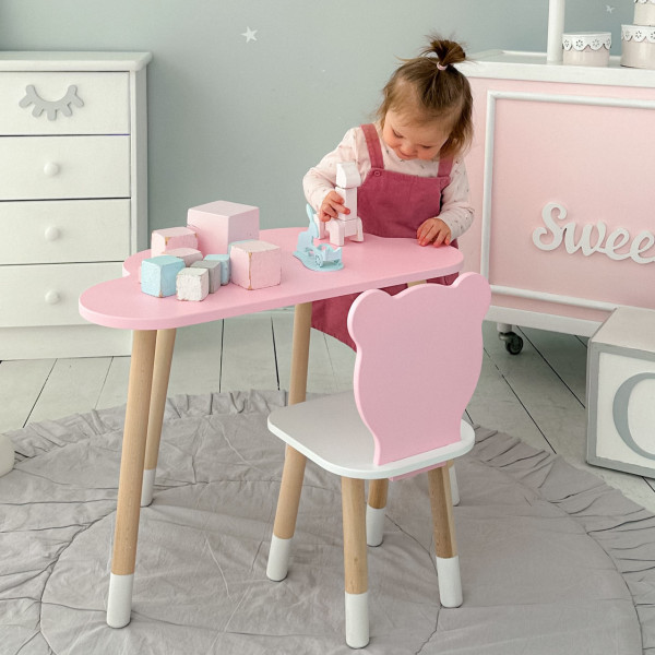 Столик хмарка 46х70х40 та стілець медведик 26.5х26х25, дитячий стіл та стільчик для малювання/занять, рожевий з білим