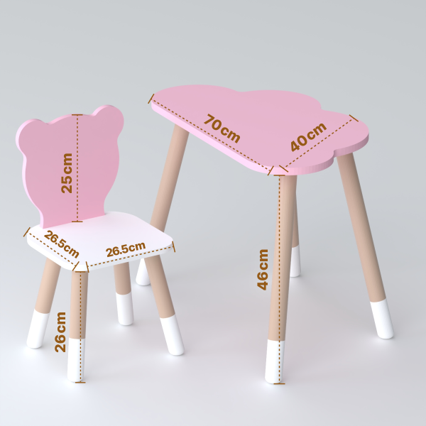 Столик хмарка 46х70х40 та стілець медведик 26.5х26х25, дитячий стіл та стільчик для малювання/занять, рожевий з білим