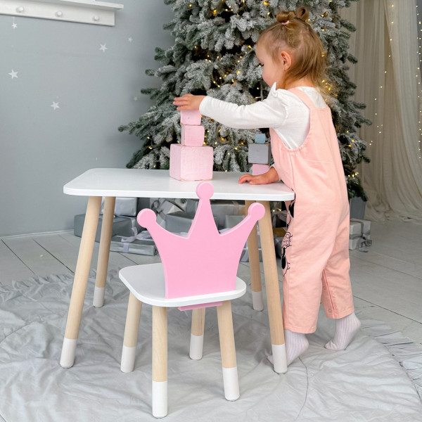 Стіл в дитячу кімнату 46х60х45 і стілець корона 26.5х26х25, столик та стільчик для дівчинки, рожевий з білим