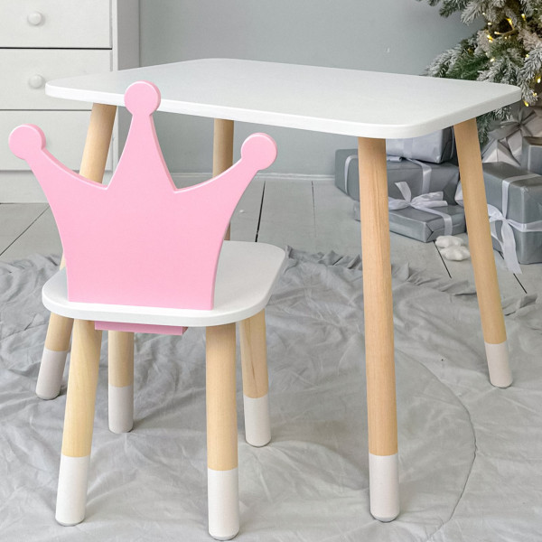Стіл в дитячу кімнату 46х60х45 і стілець корона 26.5х26х25, столик та стільчик для дівчинки, рожевий з білим