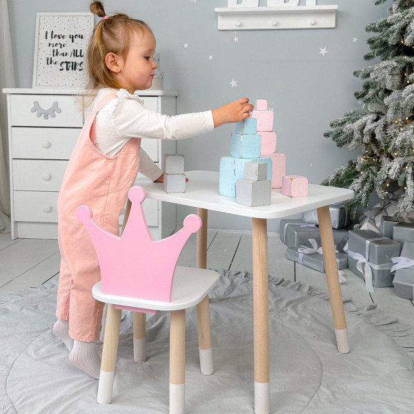 Стіл в дитячу кімнату 46х60х45 і стілець корона 26.5х26х25, столик та стільчик для дівчинки, рожевий з білим