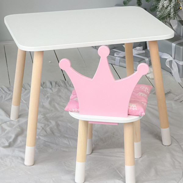 Стіл в дитячу кімнату 46х60х45 і стілець корона 26.5х26х25, столик та стільчик для дівчинки, рожевий з білим