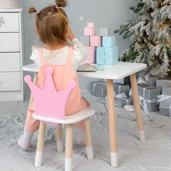 Стіл в дитячу кімнату 46х60х45 і стілець корона 26.5х26х25, столик та стільчик для дівчинки, рожевий з білим