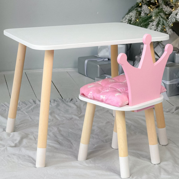 Стіл в дитячу кімнату 46х60х45 і стілець корона 26.5х26х25, столик та стільчик для дівчинки, рожевий з білим