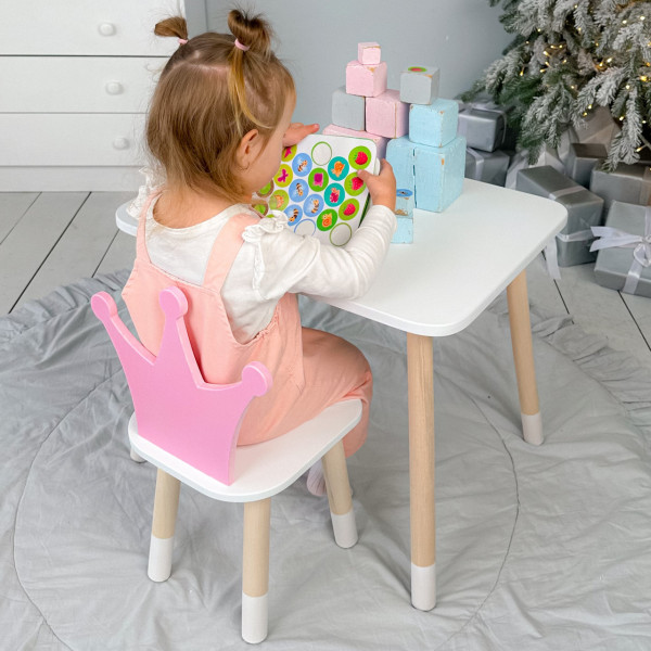 Стіл в дитячу кімнату 46х60х45 і стілець корона 26.5х26х25, столик та стільчик для дівчинки, рожевий з білим