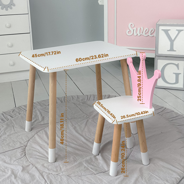 Стіл в дитячу кімнату 46х60х45 і стілець корона 26.5х26х25, столик та стільчик для дівчинки, рожевий з білим