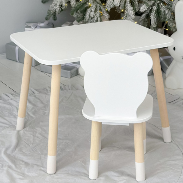 Стіл прямокутний 46х60х45 і стілець медведик 26.5х26х25, столик та стільчик для хлопчячої кімнати, білий