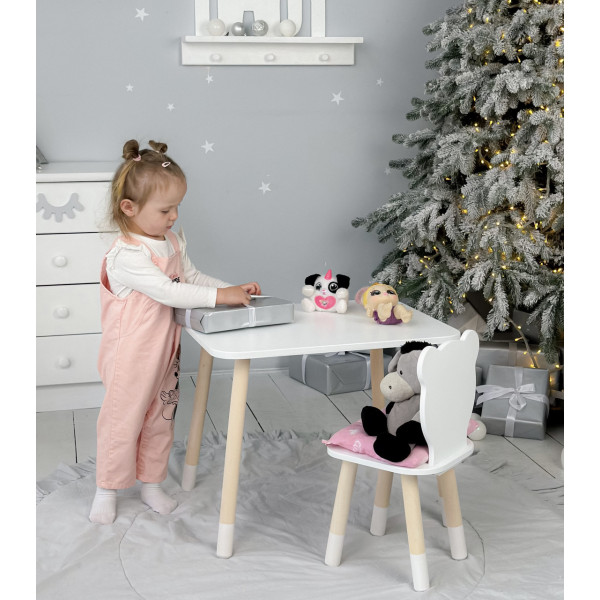 Стіл прямокутний 46х60х45 і стілець медвежа 26.5х26х25, столик та стільчик в дитячу, білий