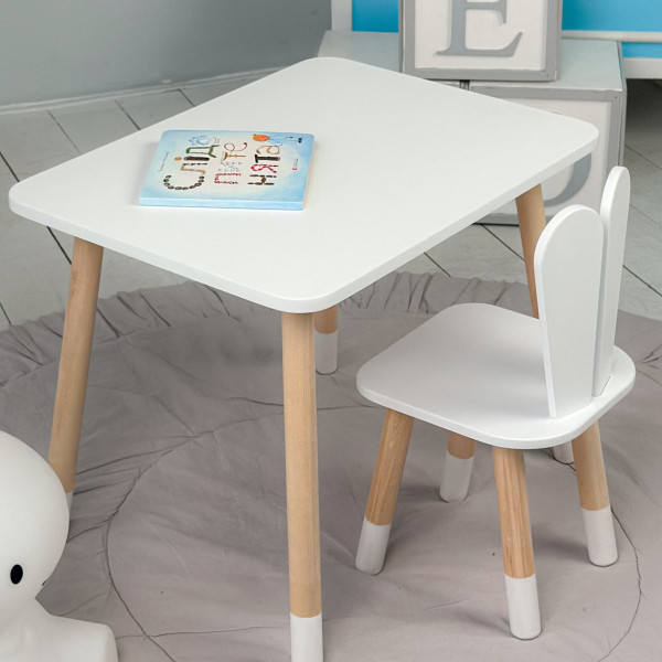 Стіл прямокутний 46х60х45 і стілець вушка кролика 26.5х26х25, столик та стільчик в дитячу, білий