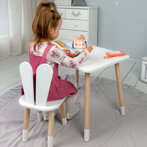 Стіл прямокутний 46х60х45 і стілець вушка кролика 26.5х26х25, столик та стільчик в дитячу, білий