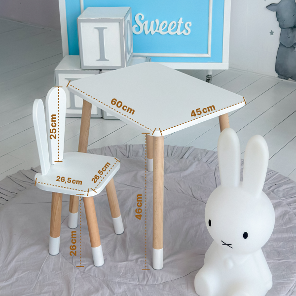 Стіл прямокутний 46х60х45 і стілець вушка кролика 26.5х26х25, столик та стільчик в дитячу, білий
