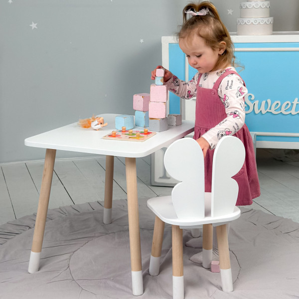 Стіл прямокутний 46х60х45 і стілець метелик 26.5х26х25, столик та стільчик для дівчинки до 7 років, білий