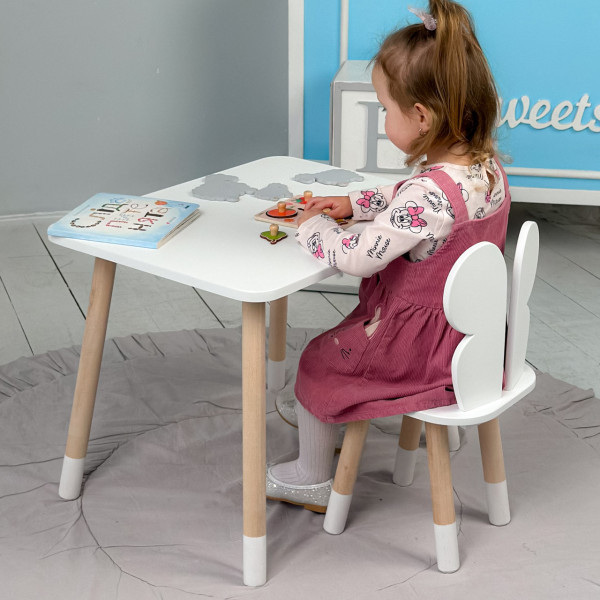 Стіл прямокутний 46х60х45 і стілець метелик 26.5х26х25, столик та стільчик для дівчинки до 7 років, білий