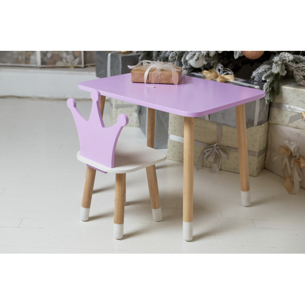 Стіл прямокутний 46х60х45 і стілець корона 26.5х26х25, столик та стільчик для дівчинки, фіолетовий з білим