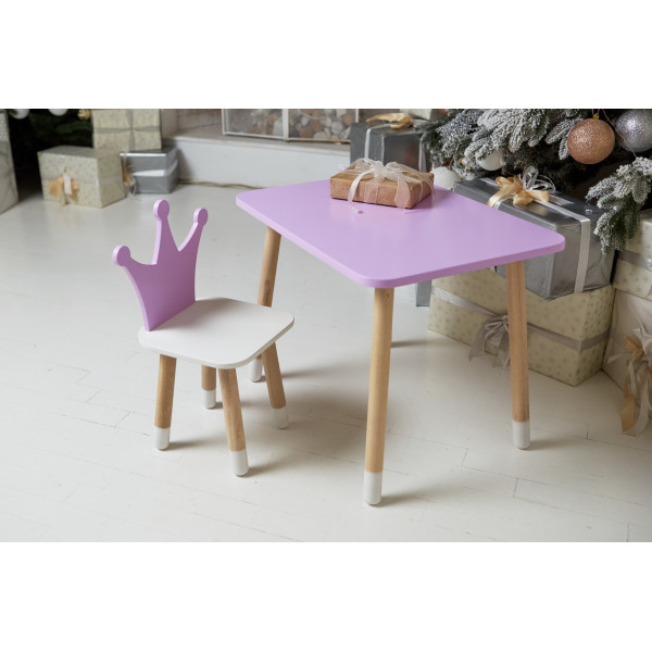 Стіл прямокутний 46х60х45 і стілець корона 26.5х26х25, столик та стільчик для дівчинки, фіолетовий з білим