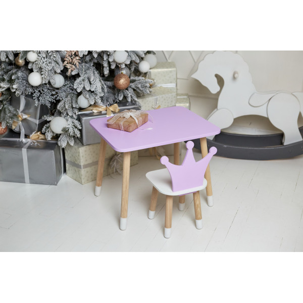 Стіл прямокутний 46х60х45 і стілець корона 26.5х26х25, столик та стільчик для дівчинки, фіолетовий з білим