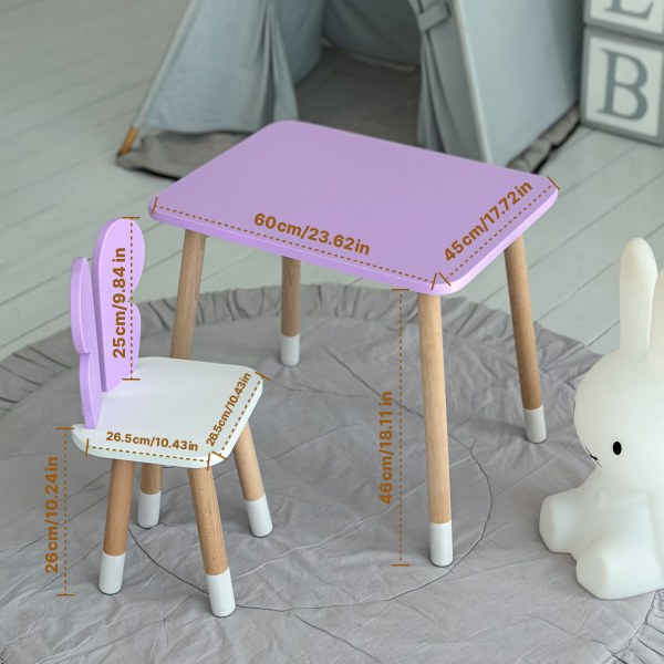 Дитячий стіл 46х60х45 і стілець крильця метелика 26.5х26х25, столик та стільчик для дівчачої кімнати, фіолетовий з білим